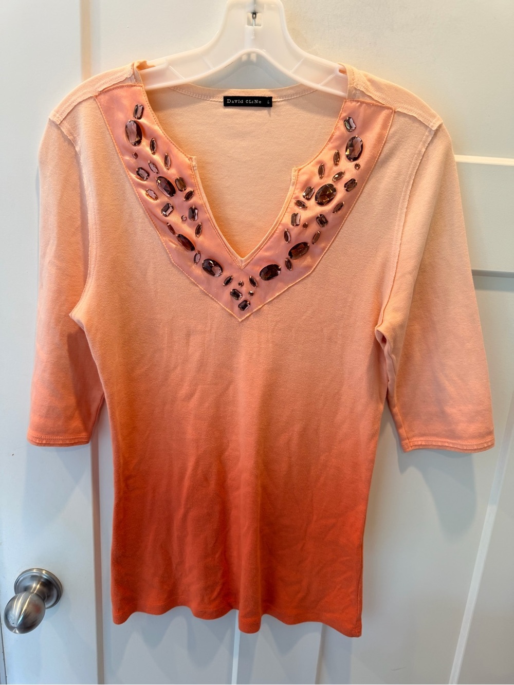 David Cline Embellished Top Large Ombre Peach Coral Jeweled V Neck 3/4 Sleeve